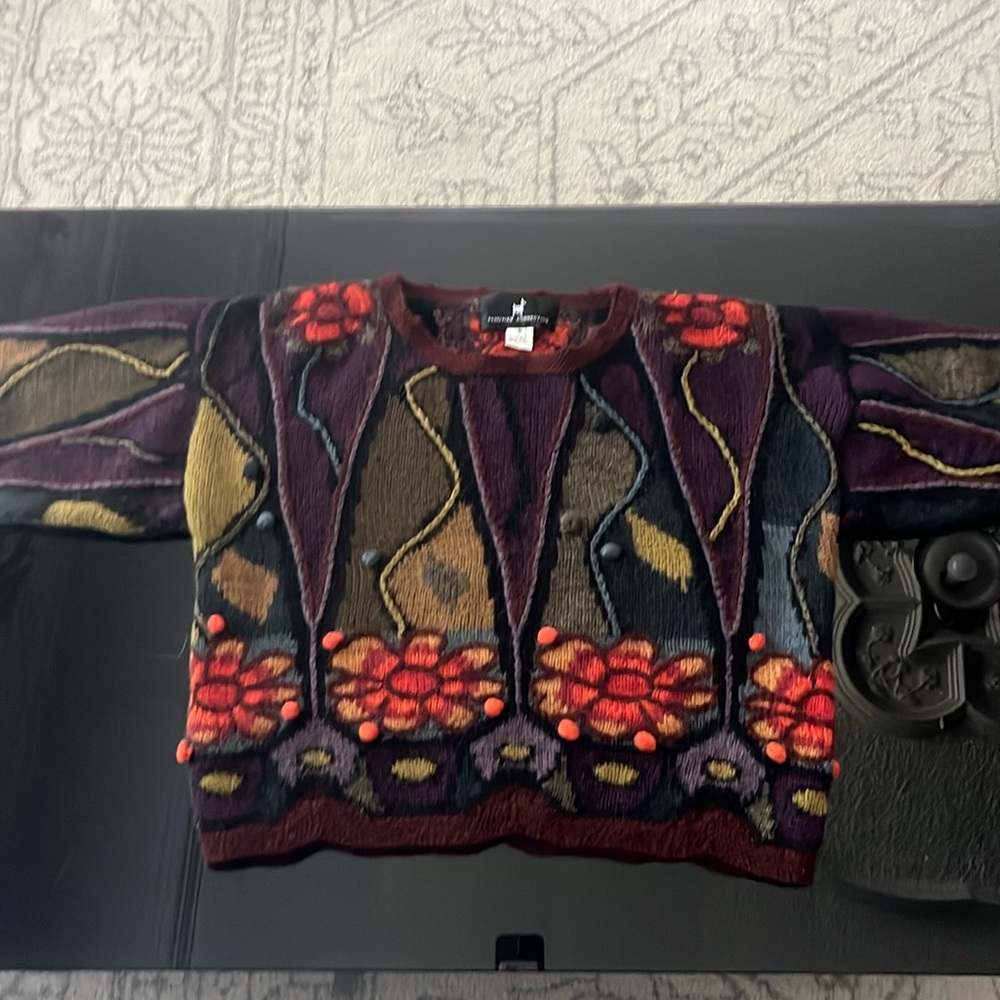 Peruvian Connection 100% Alpaca made in Peru purple patterned knit sweater